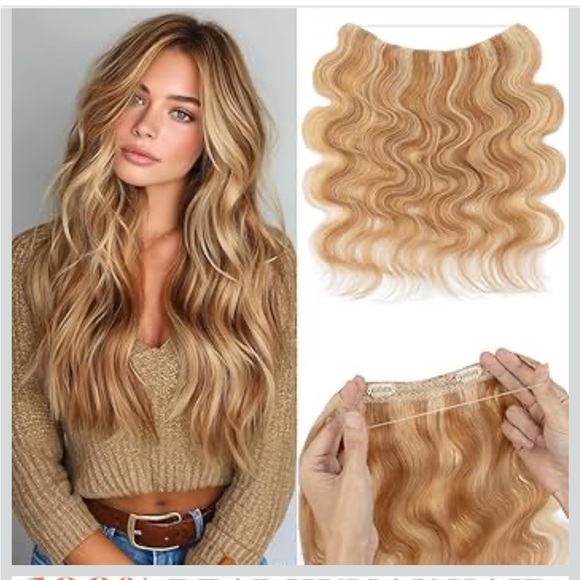 Halo Hair Extensions 16” Wavy-#12P613 Golden Brown Highlight Bleach Blonde
